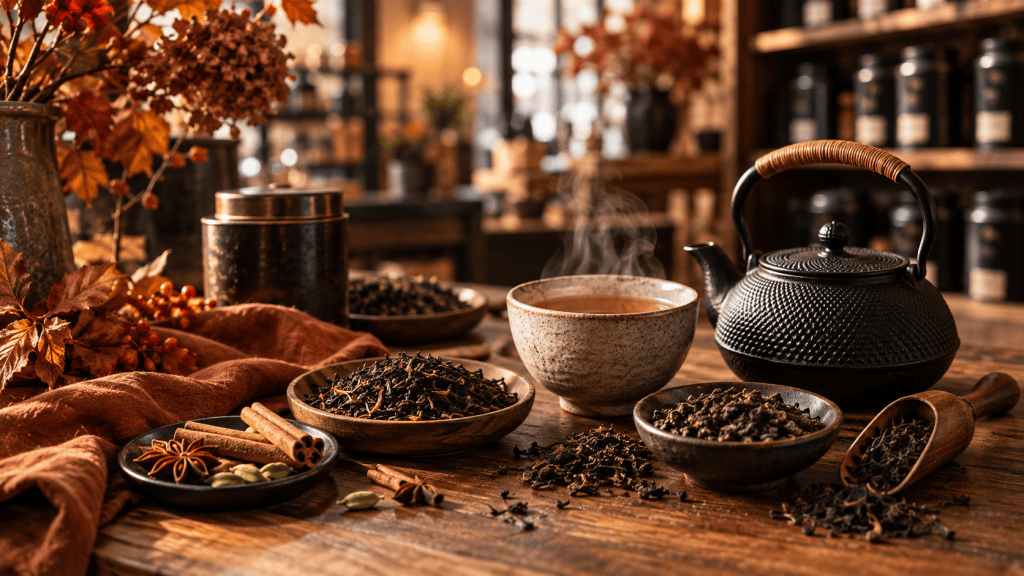 Herbstliche Teeszene mit Teekanne, Tasse, losen Teeblättern und Gewürzen wie Zimt, Kardamom und Sternanis.