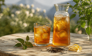 KI-generiertes Titelbild: Karaffe und Glas mit bernsteinfarbenem Eistee, Eiswürfeln, Minze und Zitronenzeste in sommerlicher Alpenstimmung.