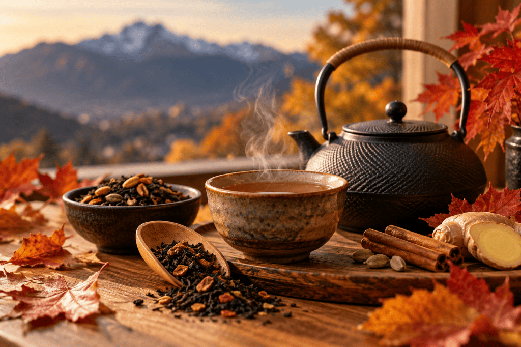 Herbstliche Teeszene mit dampfender Teetasse, schwarzer Teekanne, losem Tee, Zimt, Kardamom und Ingwer vor einer herbstlichen Berglandschaft.